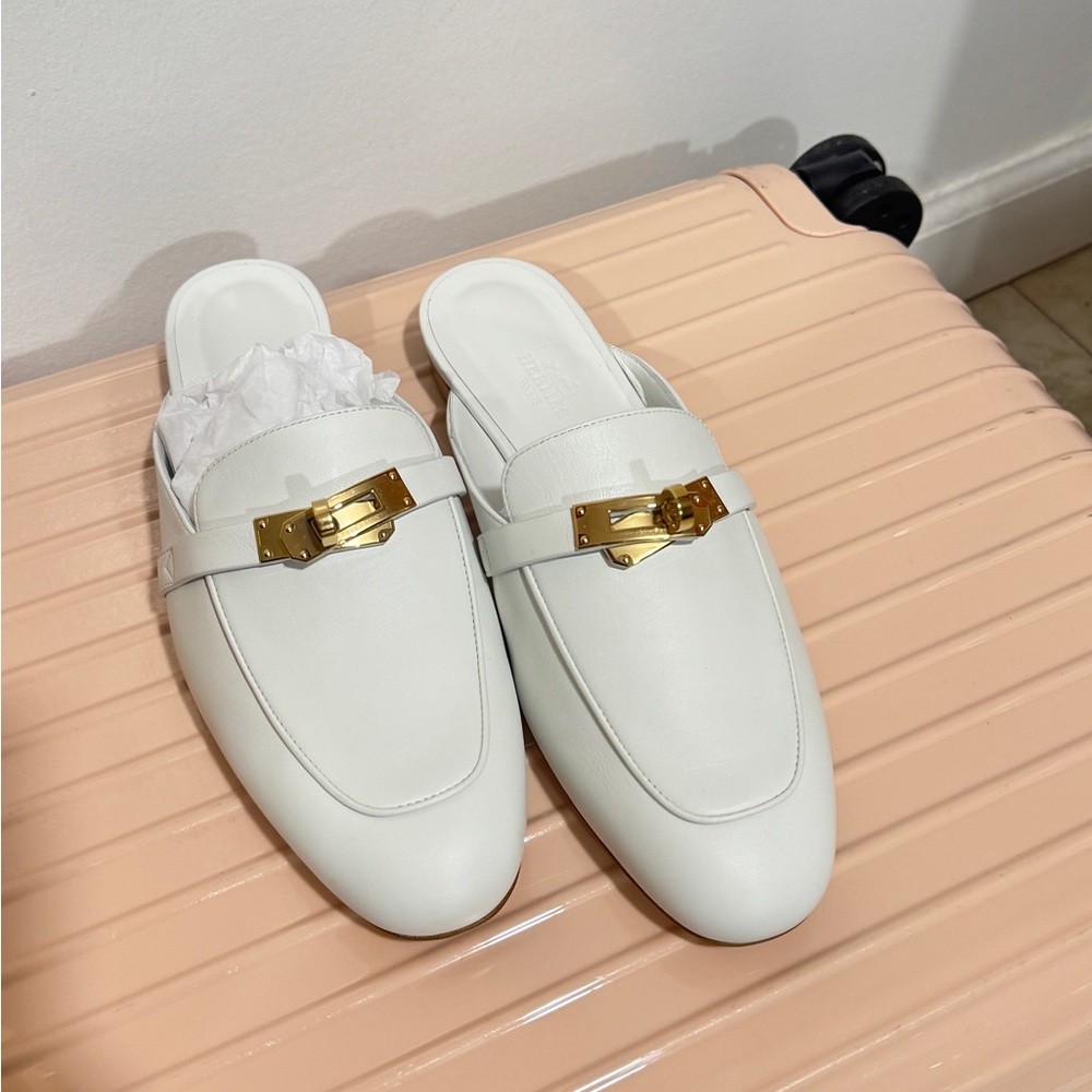 Hermes White Leather Mules with Gold Accent